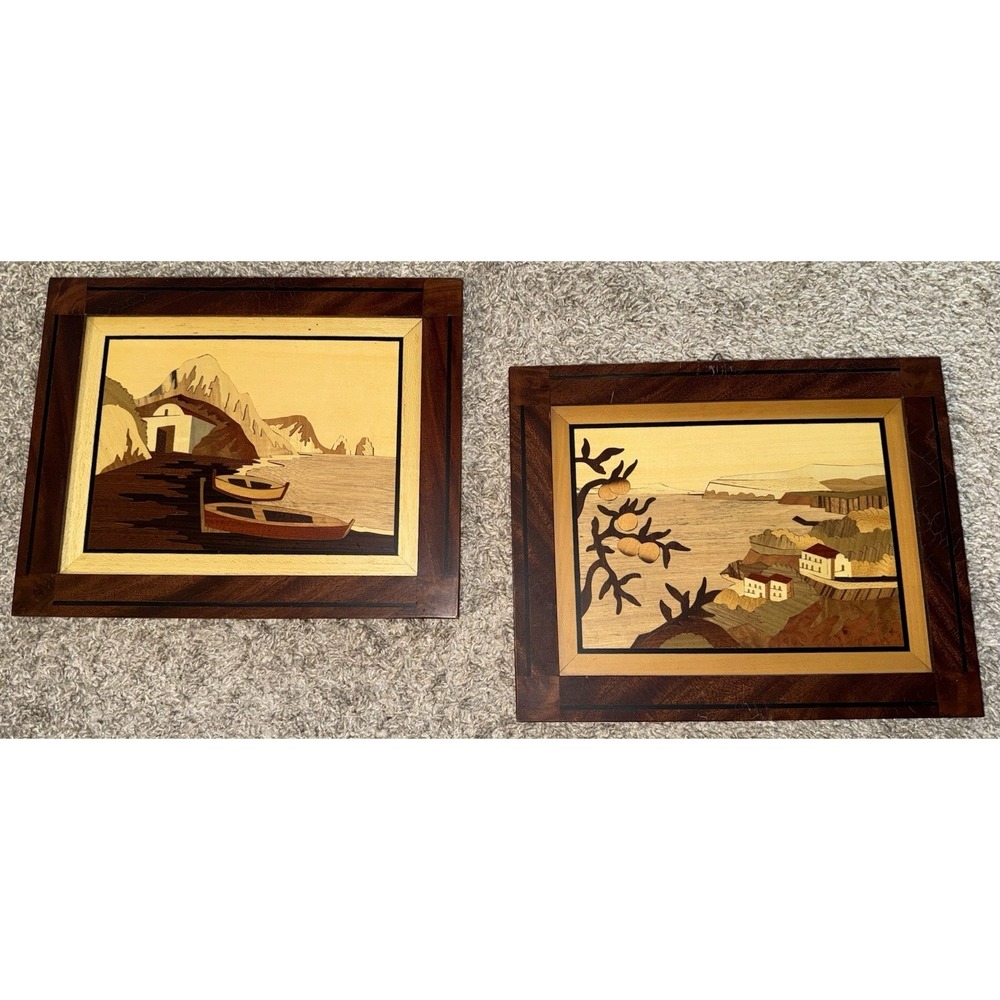 Set Of‎ 2 Vintage Italian Marquetry Inlaid Wood Sorrento Style Coastal Scenes - Picture 3 of 9